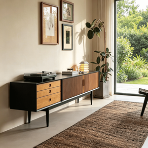 Mid-Century Modern Fluted Wood <b>TV</b> <b>Stand</b> with Drawers, Media Console for Living Room - Product Image 1