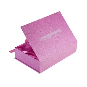カスタム印刷ピンク磁気ギフトボックス硬質紙箱ジュエリー包装段ボール箱リボン付き