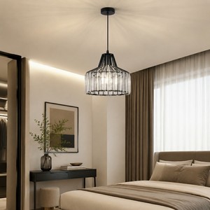 E27/<b>E26</b> Minimalist Crystal Chandelier Modern Iron Pendant Light Adjustable Height for Kitchen Island Dining Room Bar Black - Product Image 1