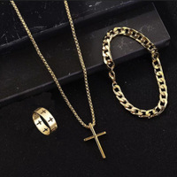 Ensemble de bijoux en alliage pour femme à thème croix, très populaire, comprenant une chaîne, une bague, un bracelet et un collier - Nouveauté pour la collection