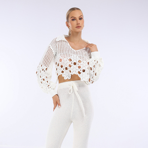 Wholesale Custom Summer <strong>Woolen</strong> Knitted Anti-Pilling Sexy Fashionable V-neck Short Style Long Sleeved Women's Casual <strong>Top</strong> - Product Image 2