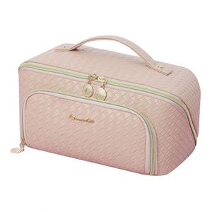 Sac de toilette en PU imperméable personnalisé, portable, ouvert à plat avec poignée, grande capacité, organiseur de maquillage, sac de voyage pour maquillage - Product Image 4