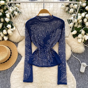 <span class=keywords><strong>Blusas</strong></span> Casuales <span class=keywords><strong>de</strong></span> Manga Larga con Malla para Mujer, Camisas con Diamantes, Tops Elegantes para Dama, Ropa al por Mayor - Product Image 5