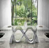 Table à manger en verre trempé de style français, design artistique, base en acier inoxydable poli en forme de vague, luxe moderne, transparente