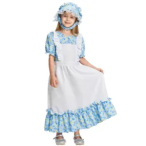 Meninas Pioneer Costume, Colonial Prairie Dress Wide-brimmed Bonnet 2Pcs Set Saia Outfit Suit para Crianças Halloween Role Play Azul