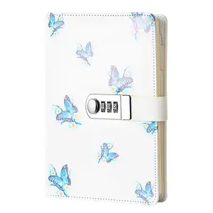 2022 New Design Password Lock A5 Digital Locking Diary Notepad Blue Butterfly Line Page with Lock Notebook Planner