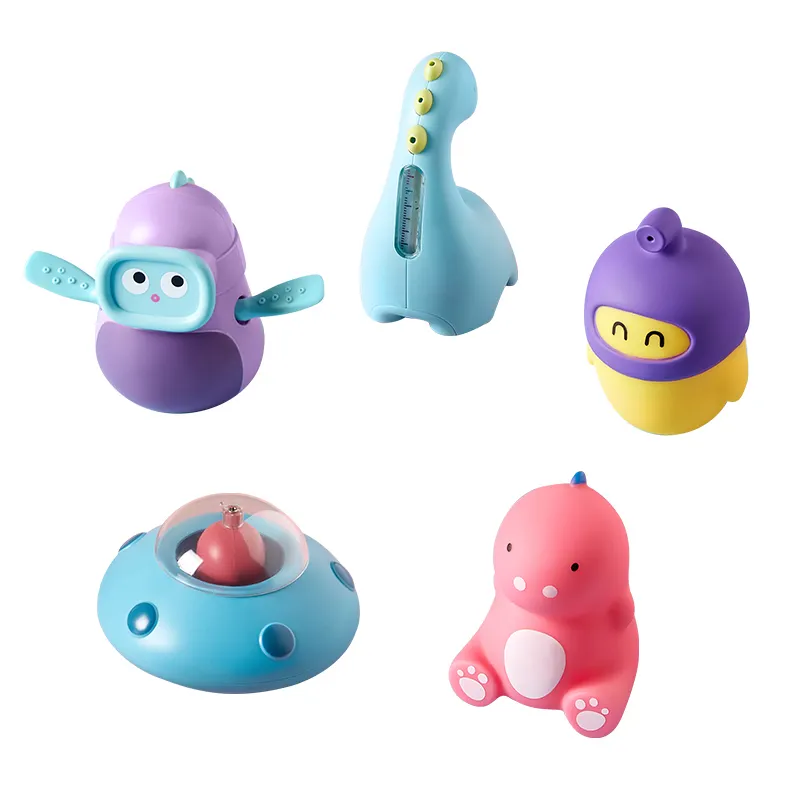 Arolo 5 pezzi Set Eco Friendly Wind up Dinosaur Squeeze Squirt giocattolo da bagno per bambini giocattoli da bagno per bambini con termometro ad acqua Set di giocattoli per vasca