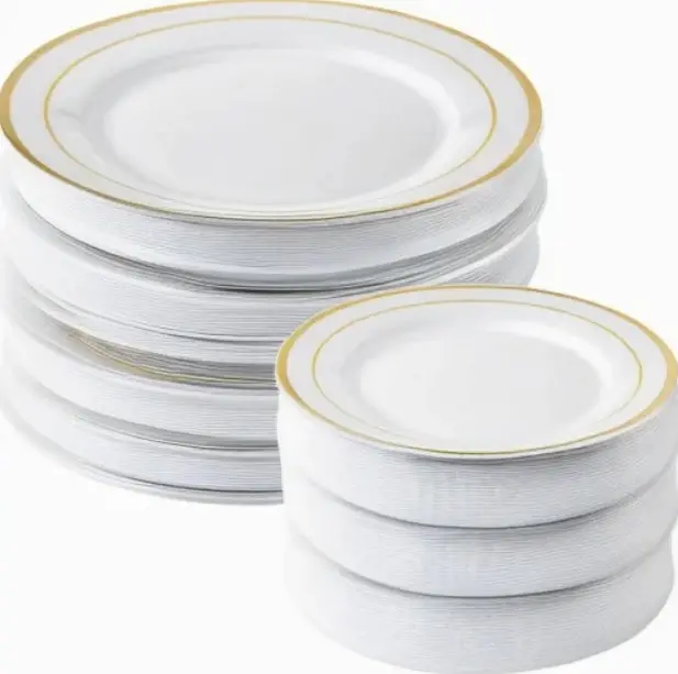 Premium Heavy Duty Einweg-Kunststoff platten Silber Gold Rand Real China Design 10,25 "Abendessen und 7,5" Salat tablett