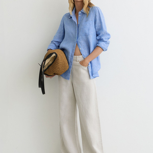 <span class=keywords><strong>Camicia</strong></span> Casual Personalizzata Estiva da <span class=keywords><strong>Donna</strong></span>, Blu Mélange, con Tasca Singola, Vestibilità Rilassata, 100% <span class=keywords><strong>Lino</strong></span>, Manica Lunga, Abbottonata - Product Image 4