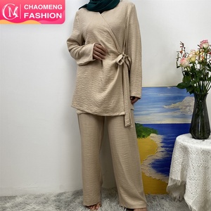 Conjunto de Dos Piezas de Lino Suave para Mujer, Moda 2025, con Cinturón Cruzado, Blusa Kimono, Pantalones con Bolsillos y Cintura Elástica, Estilo Abaya - Product Image 1