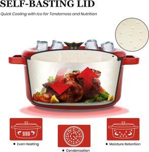 Cocotte en fonte émaillée rouge avec couvercle, compatible four jusqu'à 500°F, compatible induction et gaz - Product Image 3