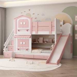 Lit superposé en bois pour filles, style <span class=keywords><strong>château</strong></span> <span class=keywords><strong>de</strong></span> princesse, avec toboggan, rangement, escalier, tiroirs sous le lit et étagères, mobilier <span class=keywords><strong>de</strong></span> chambre d'enfant - Product Image 2