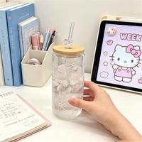 Roze glazen beker met strik, bamboe deksel en rietje. Schattig Kawaii beker voor meisjes cadeau.