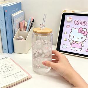 ピンクのリボン付きガラス製タンブラー、竹製の蓋とストロー付き、女の子への可愛いカワイイカップギフト - Product Image 6