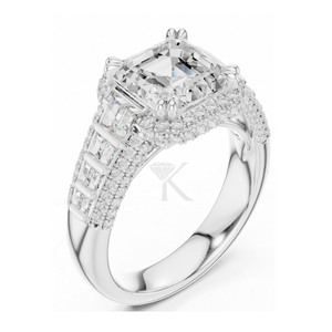 Bague de fiançailles taille Asscher en or jaune avec halo de diamants, baguettes et pavé, large bande, bague statement, bijoux de mariée élégants - Product Image 4