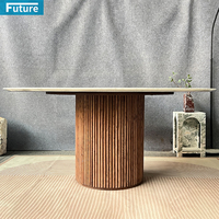 Style de luxe personnaliser plateau rond naturel marbre blanc de Carrare pour Villa 6 sièges Table à manger meubles avec pied en bois