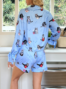 Ensemble pyjama en satin imprimé chat bleu pour femmes, chemise à manches longues et short, tenue décontractée deux pièces pour le printemps et l'été - Product Image 6