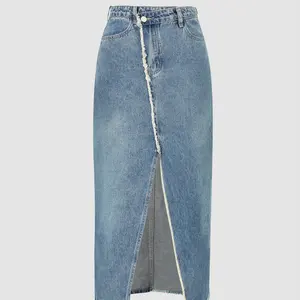 Custom Ladies Summer Asymmetric Distressed With Silt Long Maxi Jeans Denim Skirt For Women