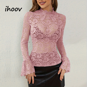 IHOOV Women's Casual <strong>Top</strong> with Flared Sleeves Spring Sculpting Lace Cashew Blossom <strong>Patchwork</strong> Pattern Shirts - Product Image 1