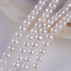 Perles d'eau douce blanches naturelles en gros, 7-8 mm, presque rondes, accessoires de collier semi-finis, perles en vrac - Product Image 3