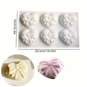 6-cavity silicone bow-shaped heart mousse chocolate, pudding, <b>baking</b> mold <b>set</b> -- Multifunctional French heart-shaped cake for - Product Image 6