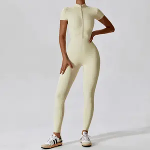 New Fashion Nude Women Gym Onesie Short Sleeves Leggings Slim High Elastic Quick Drying Breathable Naked Yoga Jumpsuits