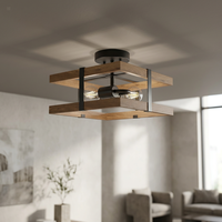 Plafonnier carré encastré FC-006, style industriel moderne, en fer noir et bois, 2 lumières E26/E27, pour salon, certifié ETL