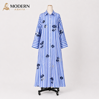 Robe Abaya Longue à Manches Longues pour Femme, Broderie de Paillettes à Rayures Verticales Bleues, Robe Maxi Modeste, Marque Privée OEM