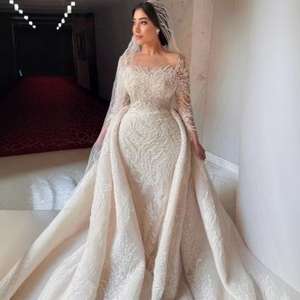 S1012A strascico staccabile 2025 sposa con perline in pizzo naturale drappeggiato plissettato Plus <span class=keywords><strong>Size</strong></span> 2 abito abito abito da sposa - Product Image 3