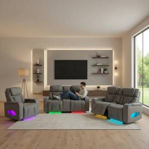 Conjunto de Sofá Reclinable Eléctrico Inteligente Chesterfield Cuadrado, Cuero Sintético, Luz LED, Mesa Ajustable, Lámpara de Lectura - Diseño Moderno - Product Image 6