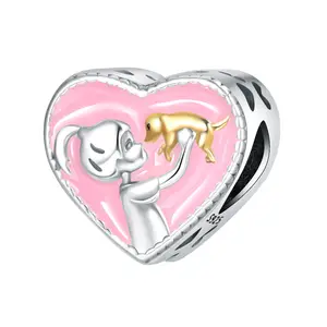 Amuleto de prata esterlina 925 para meninas, amuleto em forma de coração para cachorros, amuleto esmaltado rosa para fazer joias, venda direta do fabricante