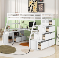 Hochbett mit Schreibtisch und Treppe, Holz-Hochbetten mit Schrank und 7 Schubladen und 2 Regalen, Hohes Hochbettgestell mit Stufe für Kinder