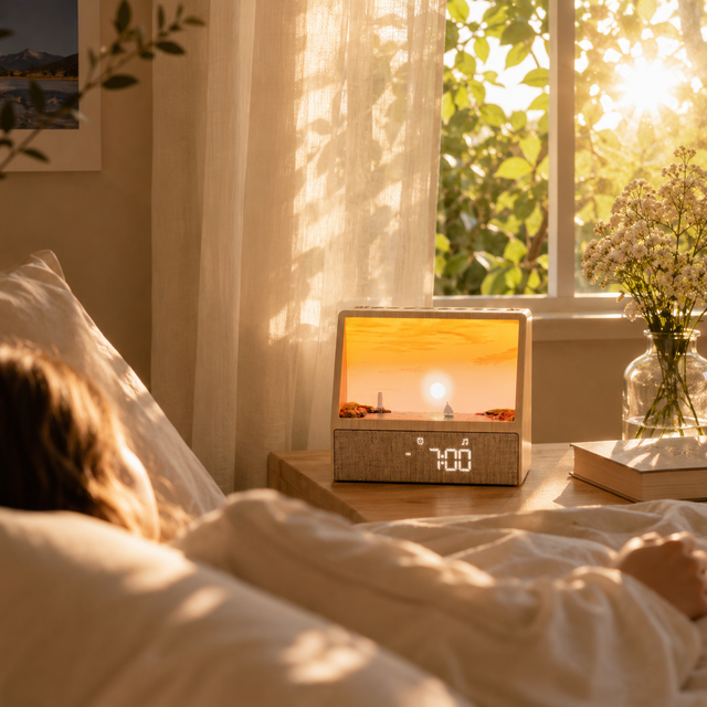 Natural Wooden Sunrise Wake up Light Digital Alarm Clock  Speaker Bedside Lamp