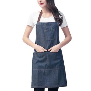 Denim Apron with Pocket Hanging Neck Women Men Kitchen Hotel Coffee Shop Bakery Waiter chef uniforms Aprons Drop Shipping