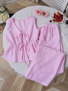 GX25104 Mode Sommerkleid ung Boutique Sexy Street Wear Ärmellose, gestreifte Schnür oberteile und Hose 2-teiliges Set - Product Image 6