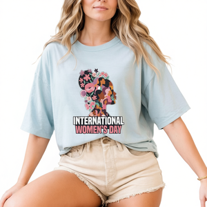 T-shirt per la Giornata Internazionale della Donna, vestibilità ampia, girocollo, manica corta, stampa floreale, casual, primaverile, 100% cotone - Product Image 1