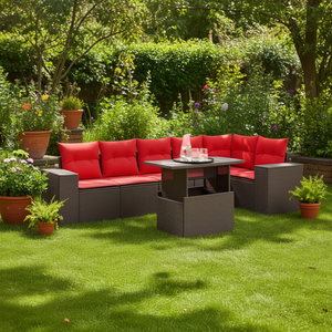 Conjunto de Sofás de Jardín de Mimbre Sintético de 7 Piezas en Color Marrón con Cojines, Muebles de Exterior de Diseño Contemporáneo - Product Image 2