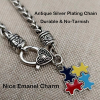 Bracelet de Conscience Autistique avec Pendentif Puzzle Autisme, Plaqué Argent Vieilli, Style Bohème, Améthyste, Chaîne Jonc Cadeau