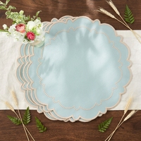 Napperons en lin bleu clair festonnés avec bordure brodée à pois, style vintage français, en tissu, diamètre 400 mm, non toxiques, lavables
