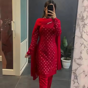 ชุดพลาโซ่คุर्ติ 3 ชิ้น ชุดคุर्ติพลาโซ่ ชุดคุर्ติยาวสำหรับผู้หญิงในอินเดีย เสื้อผ้าสตรีอินเดียแบบดั้งเดิม ผ้าคุณภาพดีที่สุด - Product Image 1