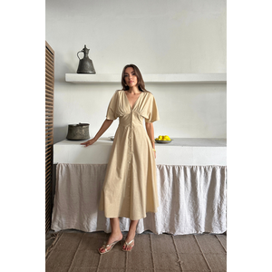 Vestido de Lino Beige con Cuello en V, Cierre de Botones Delanteros, Cintura Baja, Largo hasta la Rodilla, Estilo Europeo para Oficina, Disponible en Tallas XS a XL - Product Image 2