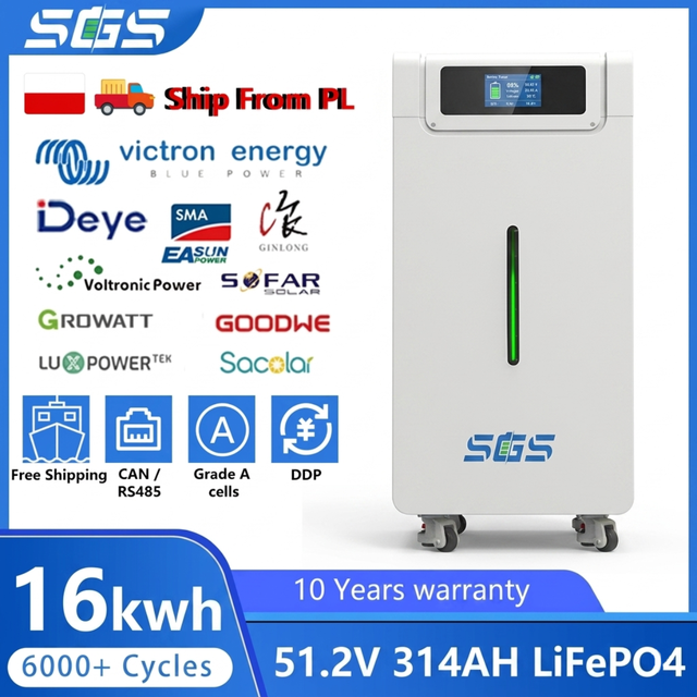 EU Stock New 16kWh Solar Battery 51.2V 314Ah 300Ah LiFePO4 Battery with Wheels for Home Energy Storage System