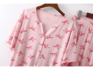 PJ-055 ชุดนอน 2 ชิ้นเอวยางยืดลายเสือดาวผู้หญิงแขนสั้นกางเกงขายาวถักบางทรงหลวมฤดูใบไม้ผลิฤดูร้อน - Product Image 5