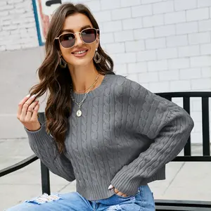 Custom Knitted Women Clothes Knitwear Cotton Crew Neck Short Knit Sweater Loose Solid Pullover Sweaters For Women