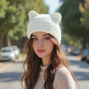 HZM-26288 <span class=keywords><strong>Bonnet</strong></span> rayé pour <span class=keywords><strong>femme</strong></span> avec cornes de diable, <span class=keywords><strong>bonnet</strong></span> chaud d'hiver de couleur unie, <span class=keywords><strong>bonnet</strong></span> tricoté mignon avec oreilles de chat pour l'automne - Product Image 3