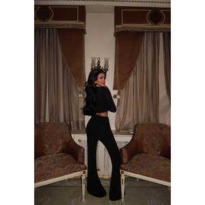 Traje Casual Formal Negro con Detalle de Abertura Lateral, Decoración Plisada y Patrón a Cuadros con Botones - Product Image 5