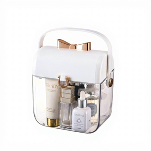 Cute Girls Transparent <strong>Plastic</strong> Cosmetic Storage Box Makeup Organizer Ribbon Flip Cover <strong>Lid</strong>, Portable <strong>Container</strong> Storage Box - Product Image 1