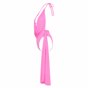 Traje de Baño de Una Pieza con Cuello en V Profundo para Mujer, con Diseño Drapeado y Recortes, Bikini Elástico Rosa, Ropa de Playa - Product Image 3