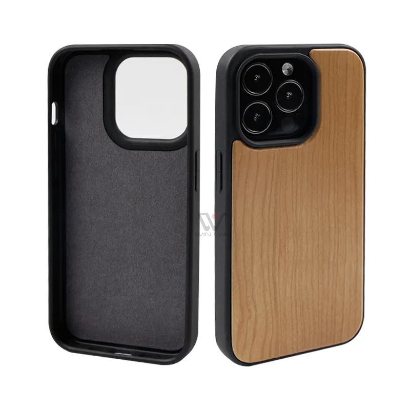 Sarung ponsel TPU hitam lunak hibrid kayu alami, pelindung belakang tahan guncangan