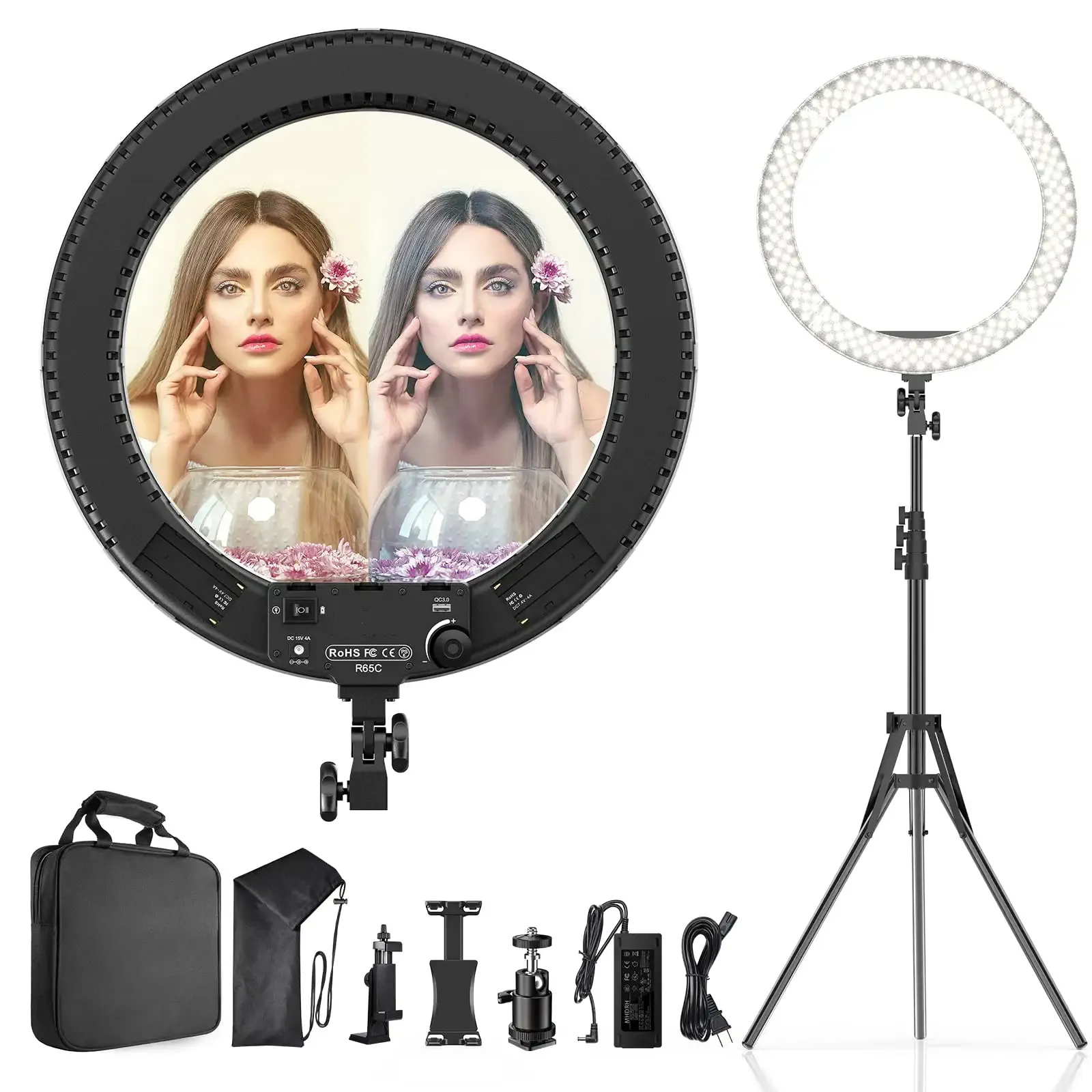 Ring Light Kit:18Inch Outer 11.8Inch Inner 55W6700k Dimmable LED Light  Stand  Remote Controller Box for Camera